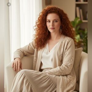 Dana Buchman Cream Open Front Damask Style Cotton Blend Cardigan Size L